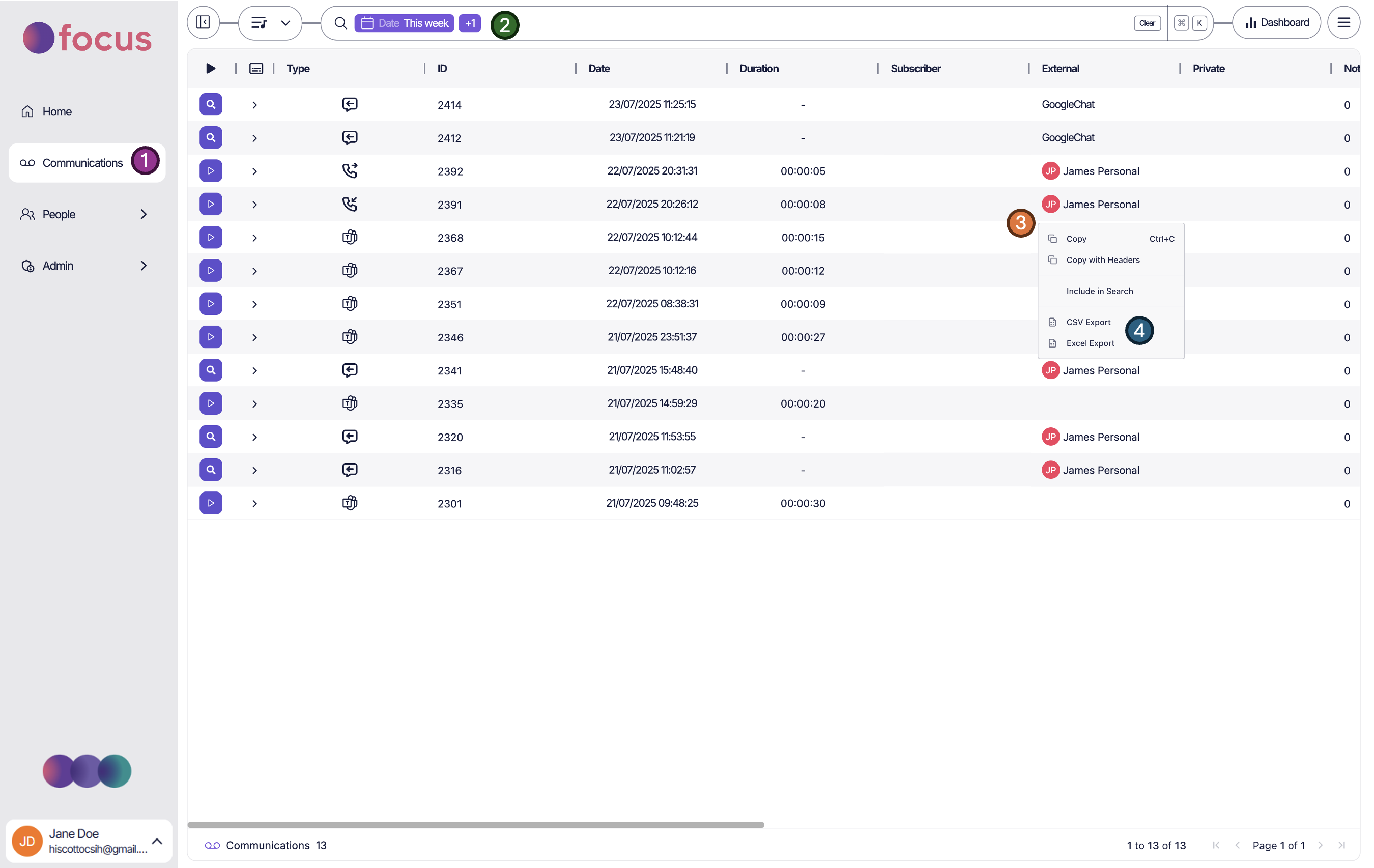 communications data export