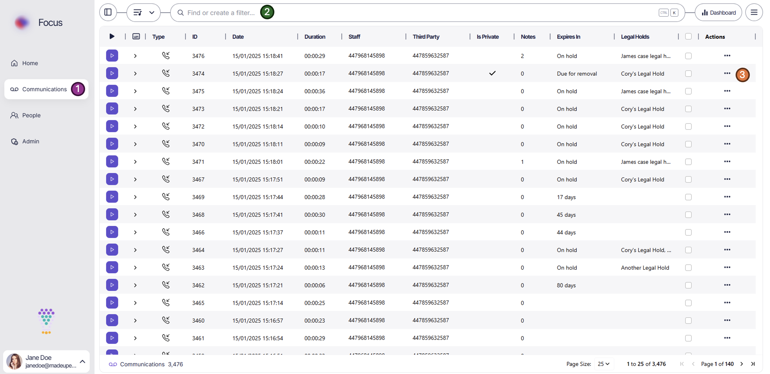 communications landing screen